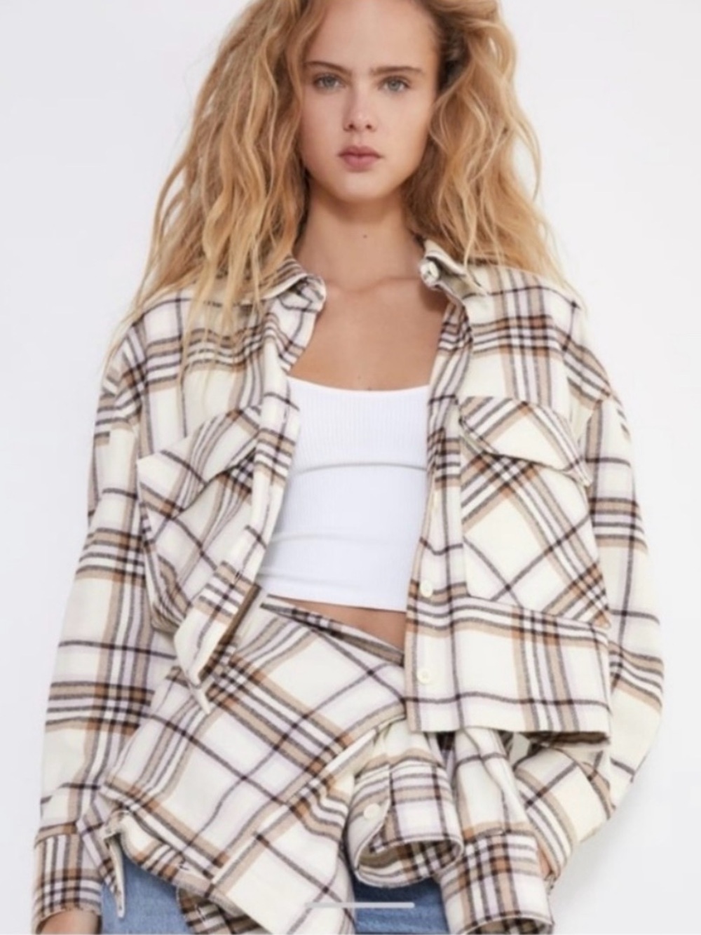 Zara Cropped Boxy Plaid Flannel Button Down Shirt